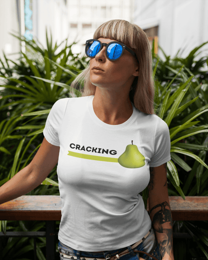 woman wearing funny graphic t-shirt which reads "cracking pear"