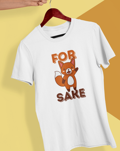 funny graphic t-shirt on a hanger which reads "for fox sake"